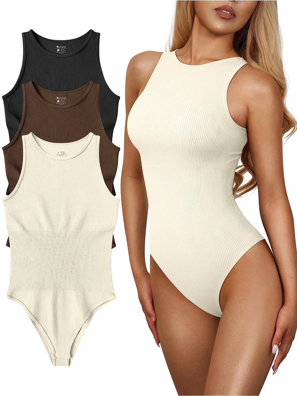 OQQ Sleeveless Ribbed Bodysuit Women’s US Size M 3 Pack Black Brown Cream Sexy